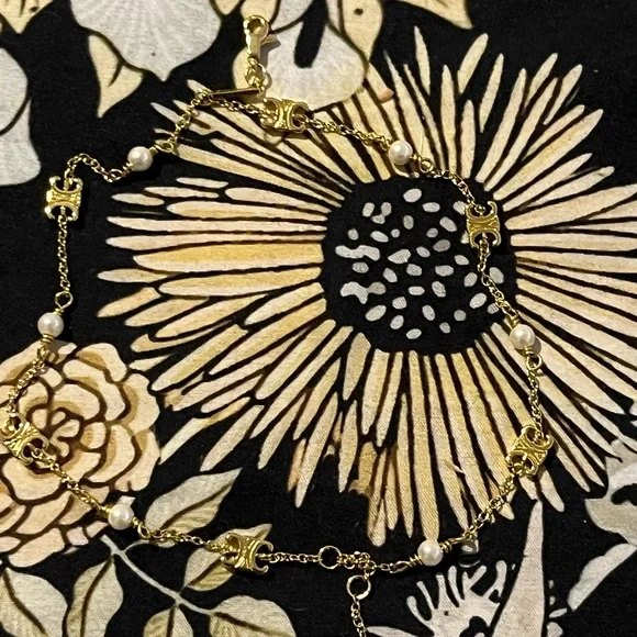 Celine Triomphe Pearl Chain Bracelet Gold Plated 7” Adjustable Dainty Designer - Picture 7 of 10